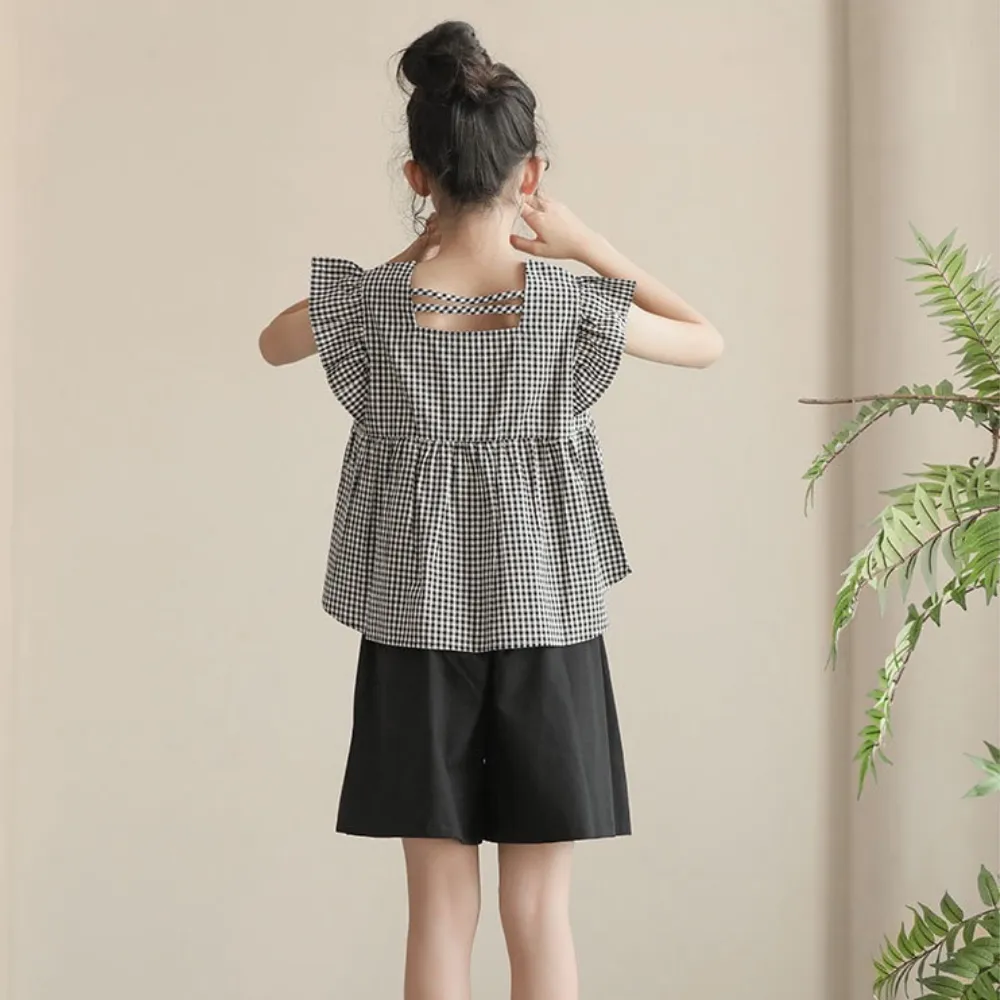 日系 黑白格娃娃衫/ 短裤裙 Gingham Blouse/ Wide Leg Shorts