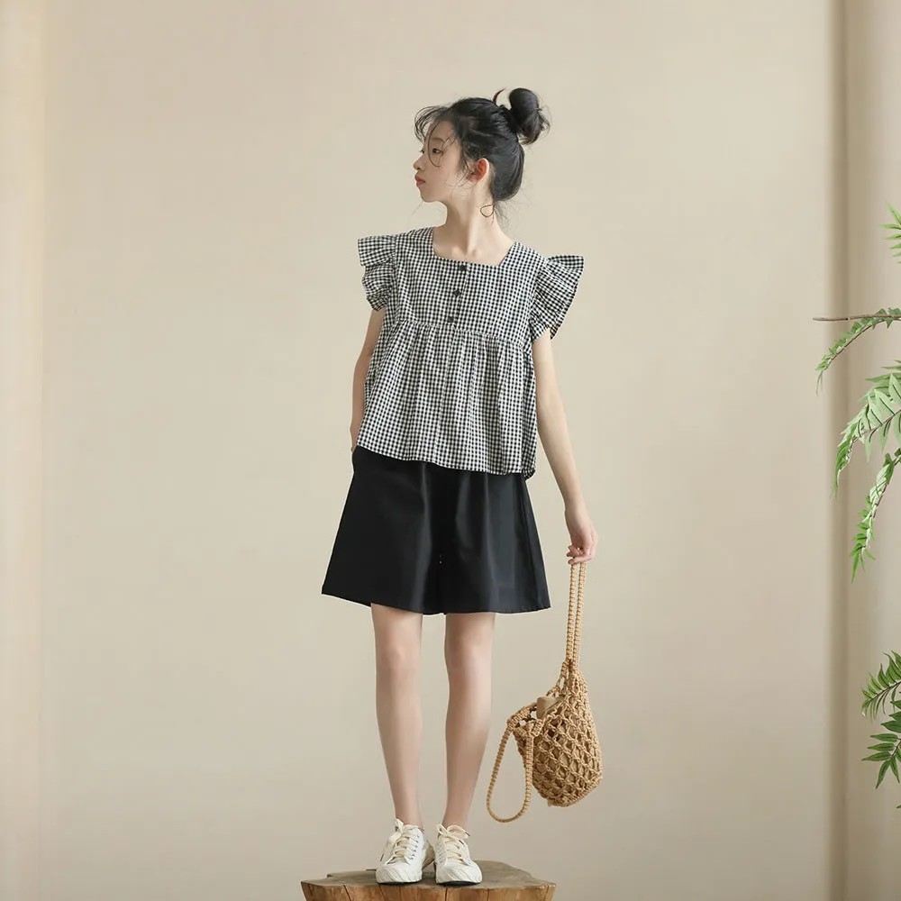 日系 黑白格娃娃衫/ 短裤裙 Gingham Blouse/ Wide Leg Shorts