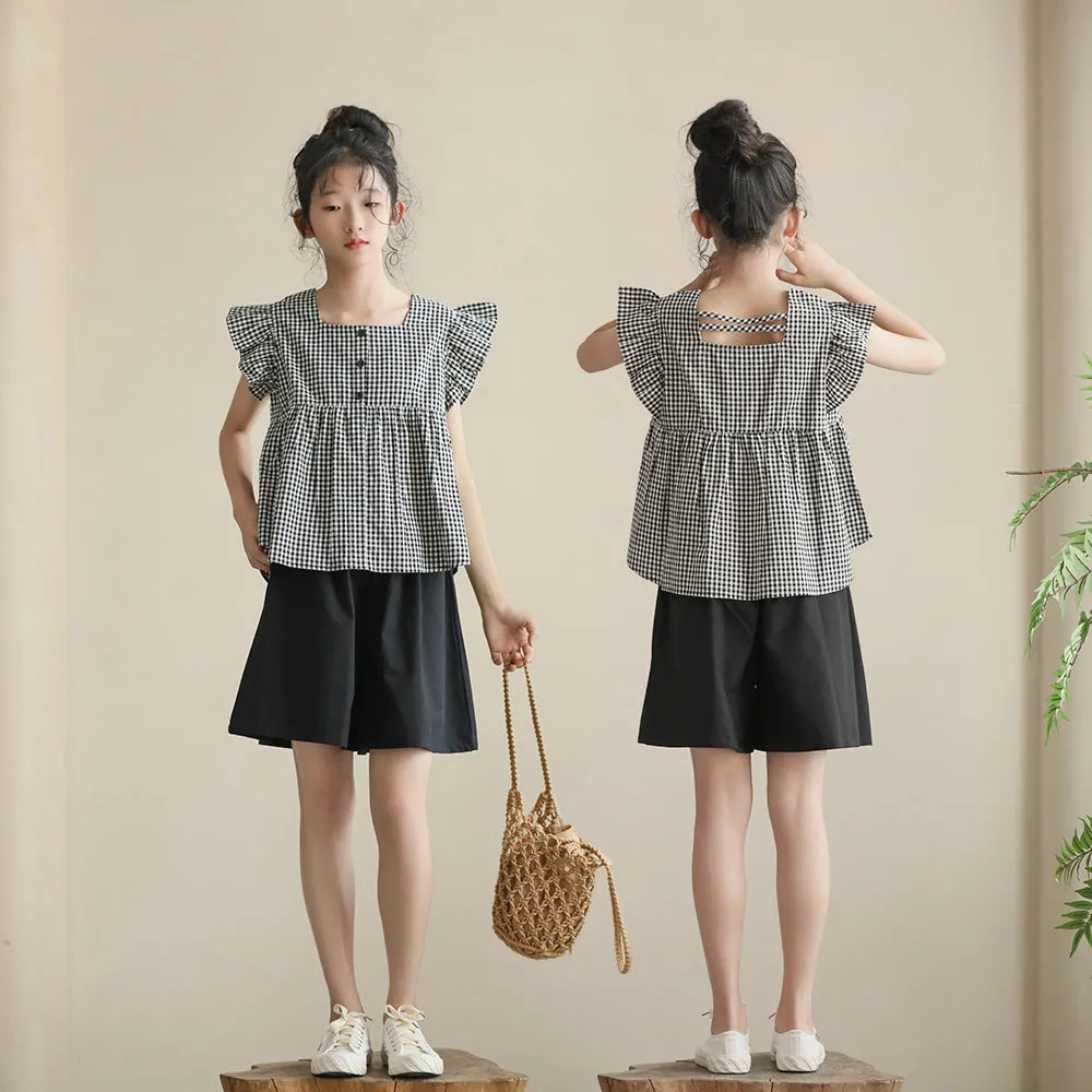 日系 黑白格娃娃衫/ 短裤裙 Gingham Blouse/ Wide Leg Shorts