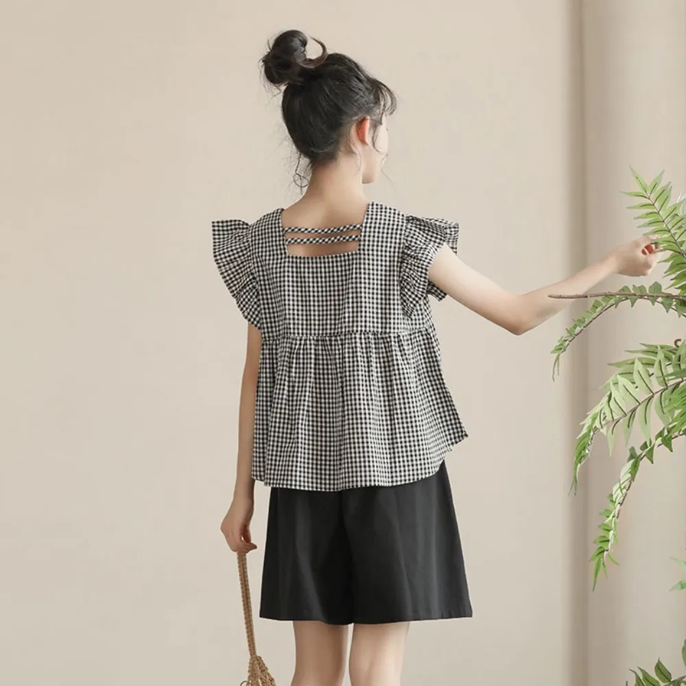 日系 黑白格娃娃衫/ 短裤裙 Gingham Blouse/ Wide Leg Shorts
