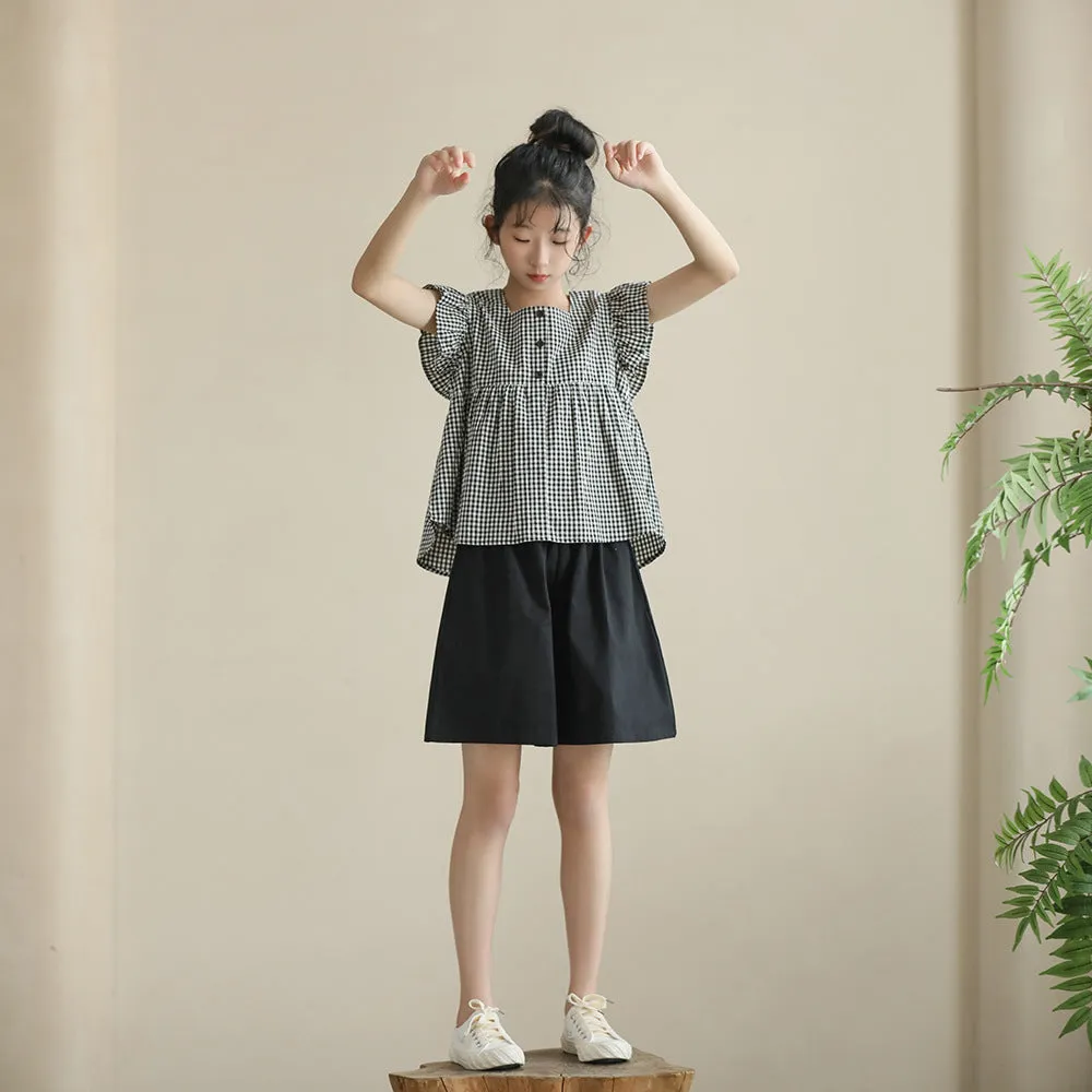 日系 黑白格娃娃衫/ 短裤裙 Gingham Blouse/ Wide Leg Shorts