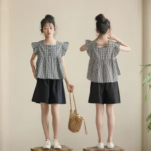 日系 黑白格娃娃衫/ 短裤裙 Gingham Blouse/ Wide Leg Shorts