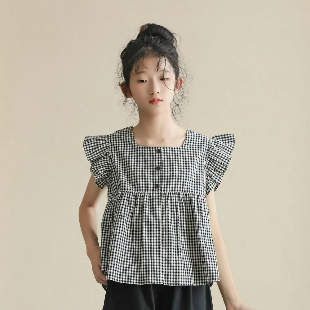 日系 黑白格娃娃衫/ 短裤裙 Gingham Blouse/ Wide Leg Shorts