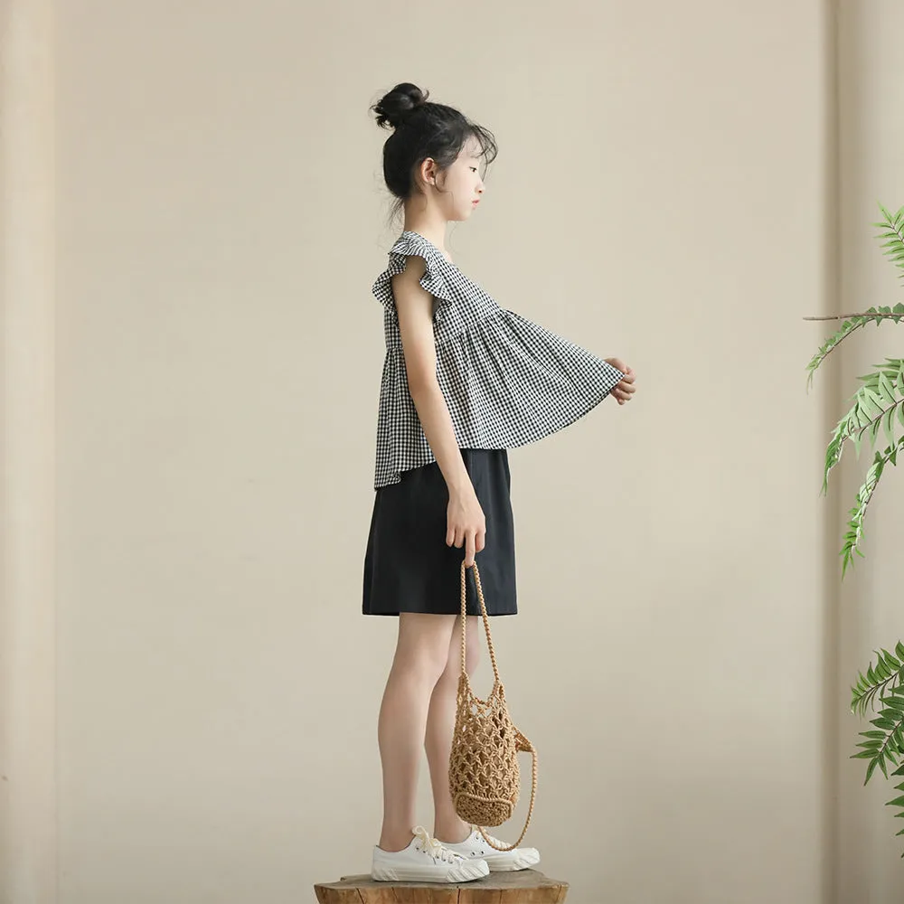 日系 黑白格娃娃衫/ 短裤裙 Gingham Blouse/ Wide Leg Shorts