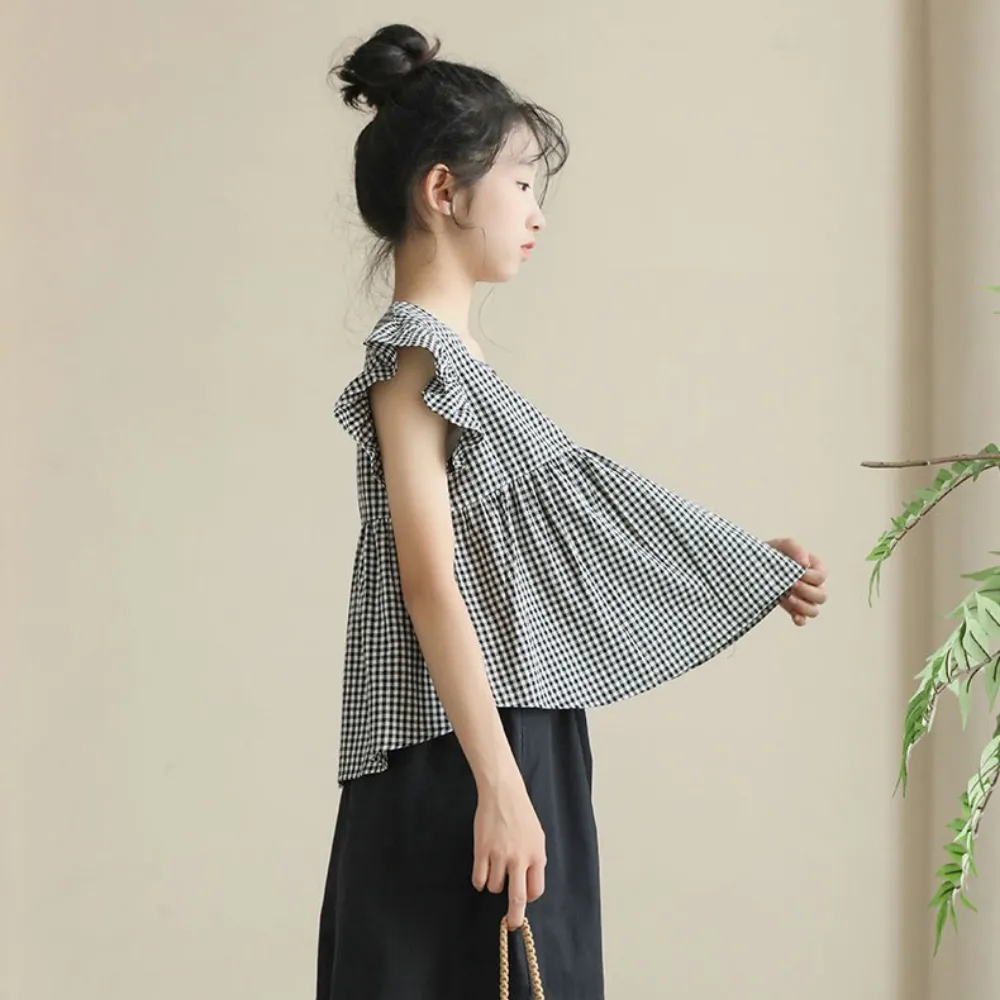 日系 黑白格娃娃衫/ 短裤裙 Gingham Blouse/ Wide Leg Shorts