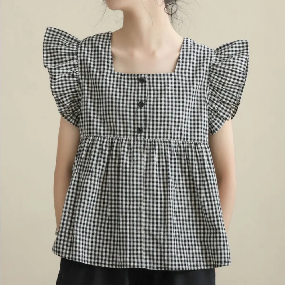 日系 黑白格娃娃衫/ 短裤裙 Gingham Blouse/ Wide Leg Shorts