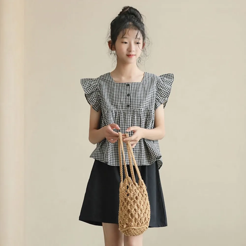 日系 黑白格娃娃衫/ 短裤裙 Gingham Blouse/ Wide Leg Shorts