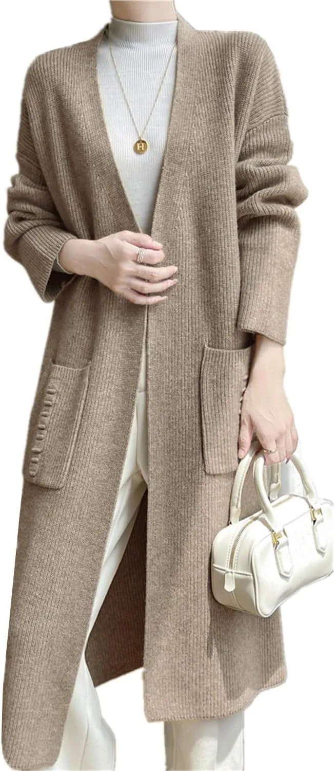 100% Merino Wool Knitted Sweater Cardigans Women's Thick Long Coat with Pockets Jacket Winter