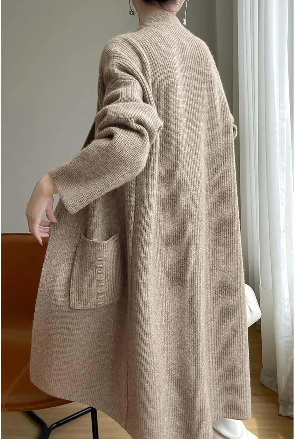 100% Merino Wool Knitted Sweater Cardigans Women's Thick Long Coat with Pockets Jacket Winter