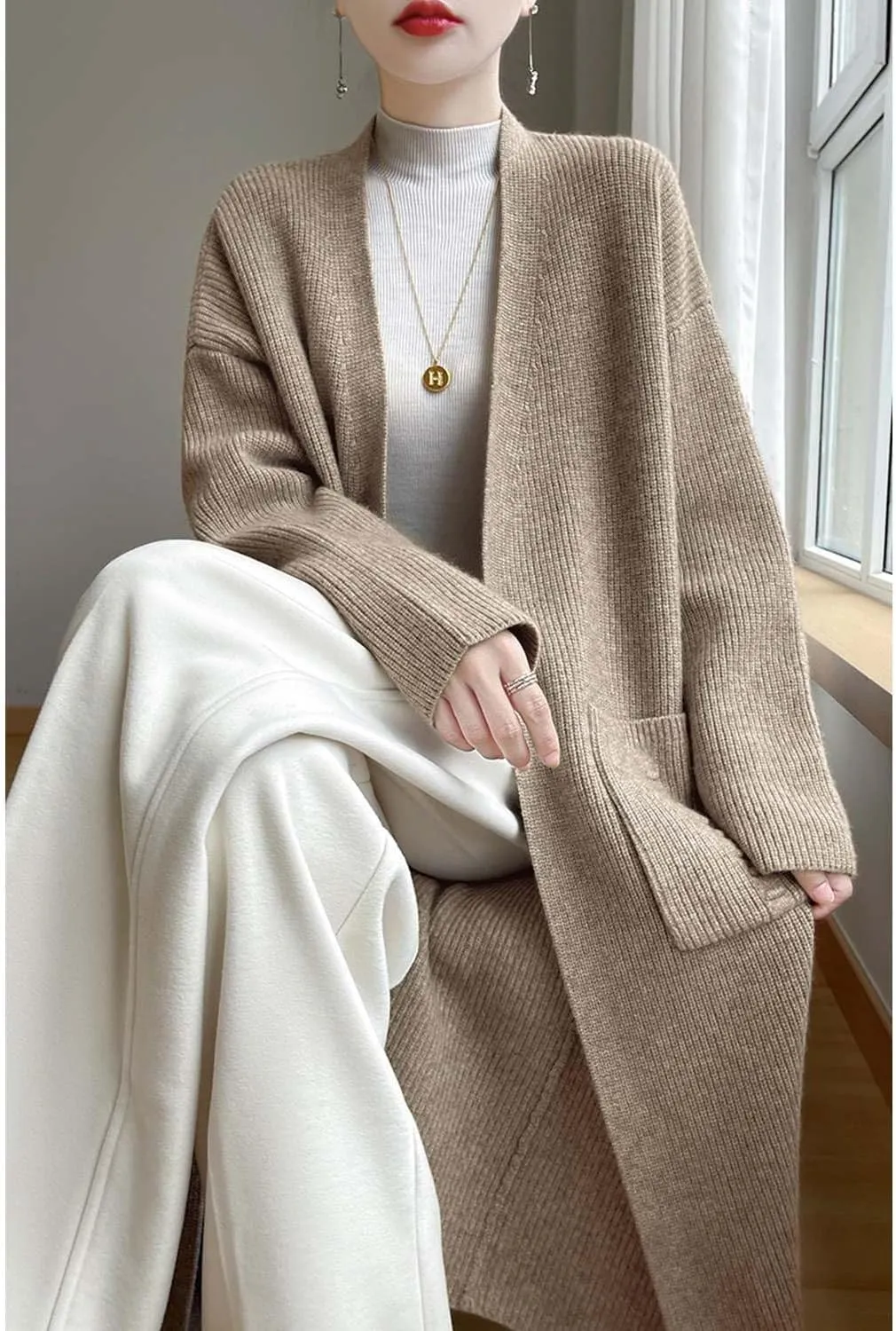 100% Merino Wool Knitted Sweater Cardigans Women's Thick Long Coat with Pockets Jacket Winter