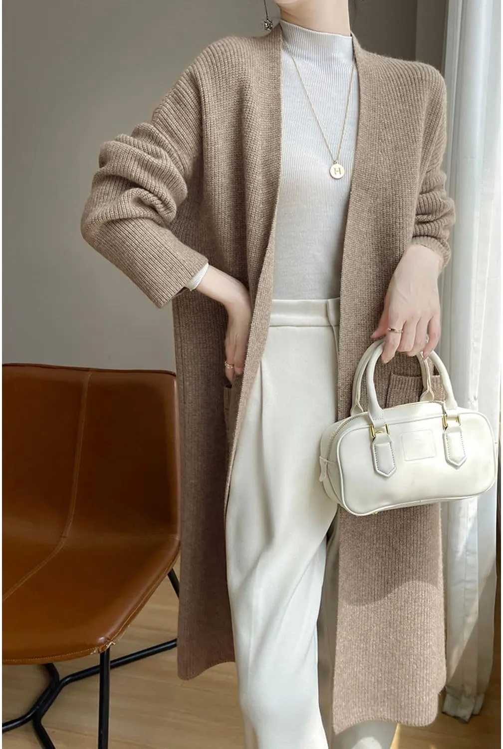 100% Merino Wool Knitted Sweater Cardigans Women's Thick Long Coat with Pockets Jacket Winter