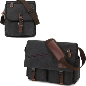 14 Inch Laptop Messenger Bag for Men,Water Resistant Canvas Satchel Briefcases and Black Shoulder Bag