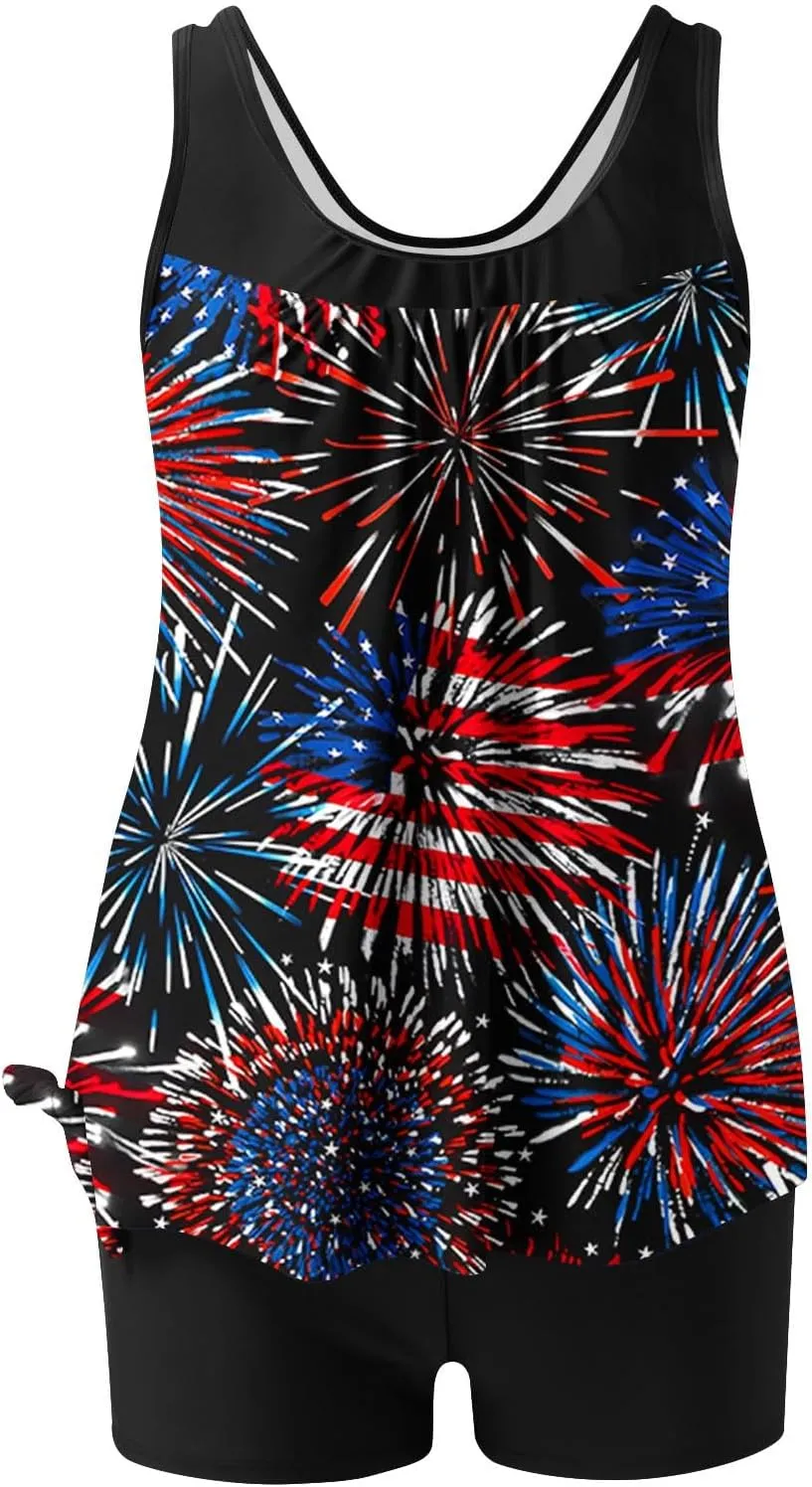 2 Piece Tankini Bathing Suits for Women Vintage 4th of July Swimsuits American Flag Tank Top and Boyshorts Vacation Swimwear