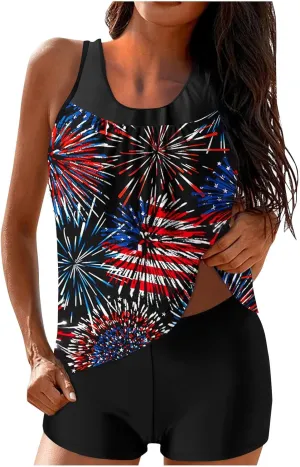 2 Piece Tankini Bathing Suits for Women Vintage 4th of July Swimsuits American Flag Tank Top and Boyshorts Vacation Swimwear