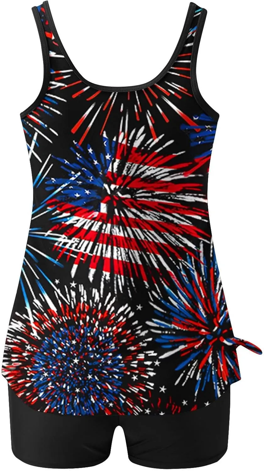 2 Piece Tankini Bathing Suits for Women Vintage 4th of July Swimsuits American Flag Tank Top and Boyshorts Vacation Swimwear