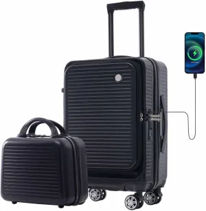 20 Inch Carry on Luggage with 1 Portable Carrying Case, Travel Suitcases with Wheels,Hard Case Luggage with TSA Lock,Lightweight Luggage with Front Pocket and USB Port (Black)
