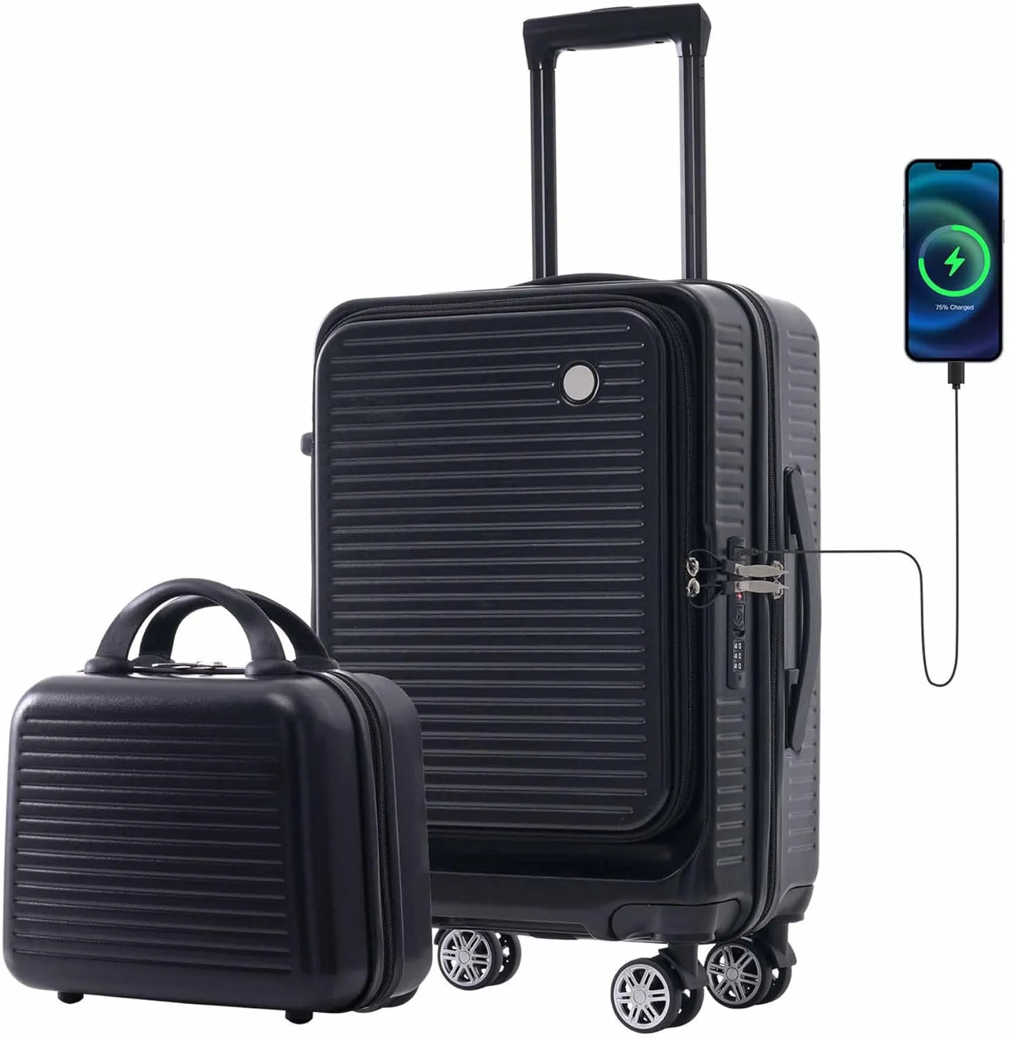 20 Inch Carry on Luggage with 1 Portable Carrying Case, Travel Suitcases with Wheels,Hard Case Luggage with TSA Lock,Lightweight Luggage with Front Pocket and USB Port (Black)