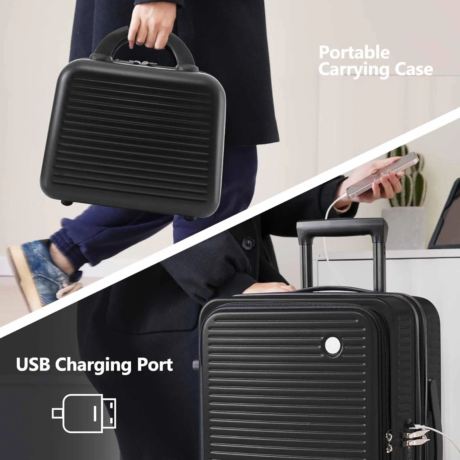 20 Inch Carry on Luggage with 1 Portable Carrying Case, Travel Suitcases with Wheels,Hard Case Luggage with TSA Lock,Lightweight Luggage with Front Pocket and USB Port (Black)