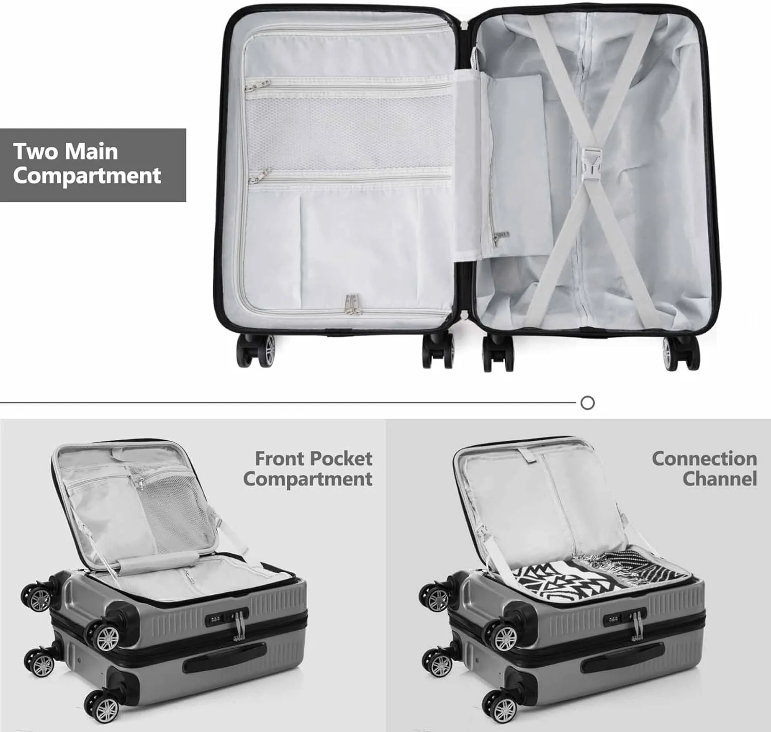 20 Inch Carry on Luggage with 1 Portable Carrying Case, Travel Suitcases with Wheels,Hard Case Luggage with TSA Lock,Lightweight Luggage with Front Pocket and USB Port (Grey)