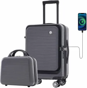 20 Inch Carry on Luggage with 1 Portable Carrying Case, Travel Suitcases with Wheels,Hard Case Luggage with TSA Lock,Lightweight Luggage with Front Pocket and USB Port (Grey)