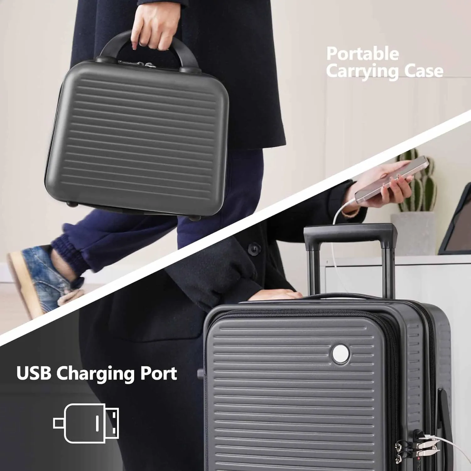 20 Inch Carry on Luggage with 1 Portable Carrying Case, Travel Suitcases with Wheels,Hard Case Luggage with TSA Lock,Lightweight Luggage with Front Pocket and USB Port (Grey)