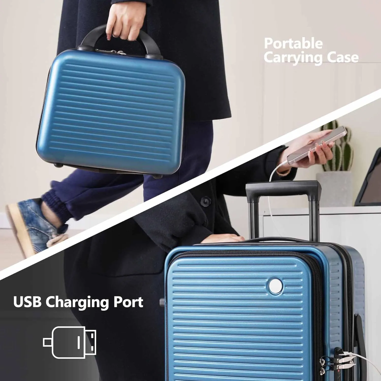 20 Inch Carry on Luggage with 1 Portable Carrying Case, Travel Suitcases with Wheels,Hard Case Luggage with TSA Lock,Lightweight Luggage with Front Pocket and USB Port (Peacock Blue)