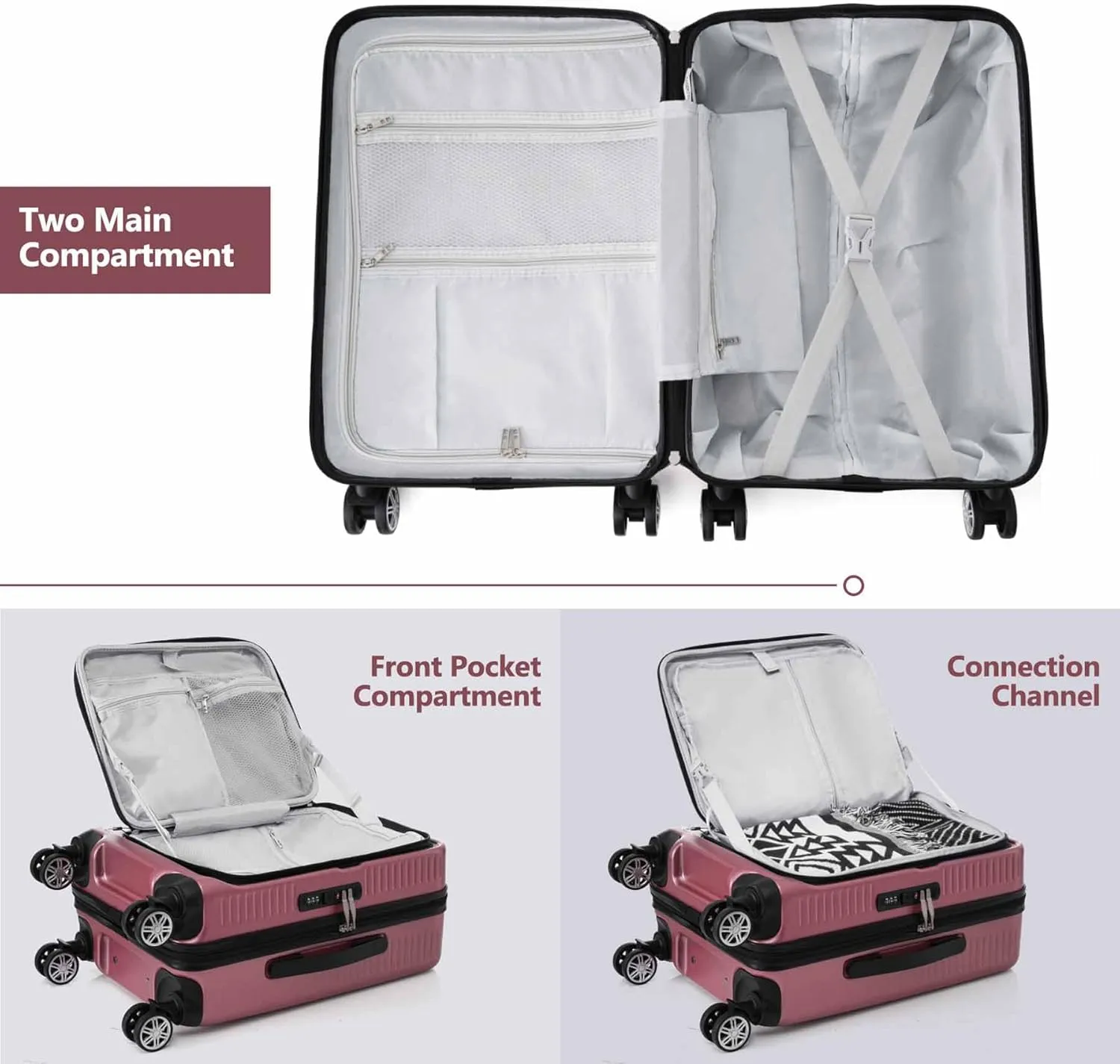 20 Inch Carry on Luggage with 1 Portable Carrying Case, Travel Suitcases with Wheels,Hard Case Luggage with TSA Lock,Lightweight Luggage with Front Pocket and USB Port (Rose Gold)
