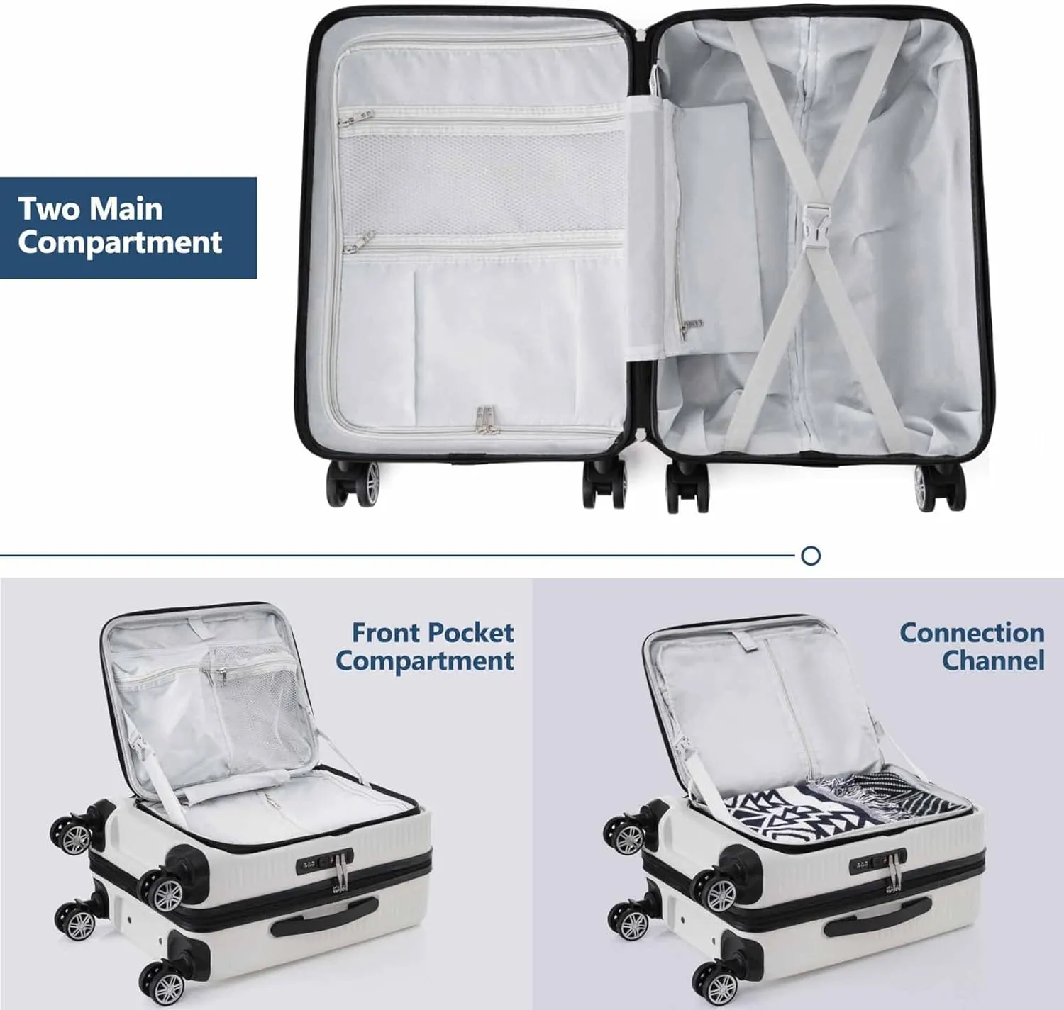 20 Inch Carry on Luggage with 1 Portable Carrying Case, Travel Suitcases with Wheels,Hard Case Luggage with TSA Lock,Lightweight Luggage with Front Pocket and USB Port (White)