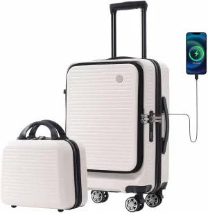20 Inch Carry on Luggage with 1 Portable Carrying Case, Travel Suitcases with Wheels,Hard Case Luggage with TSA Lock,Lightweight Luggage with Front Pocket and USB Port (White)