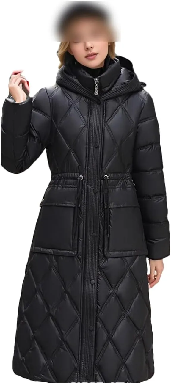2023 Winter Mid Length Snow Jacket Women Slim Drawstring Pocket Thick Warm Hooded Down Cotton Padded Coat