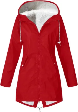 2024 Womens Fleece Trench Coat Winter Thicken Warm Hooded Windbreaker Jackets Windproof Zipper Drawstring Outdoor Raincoat