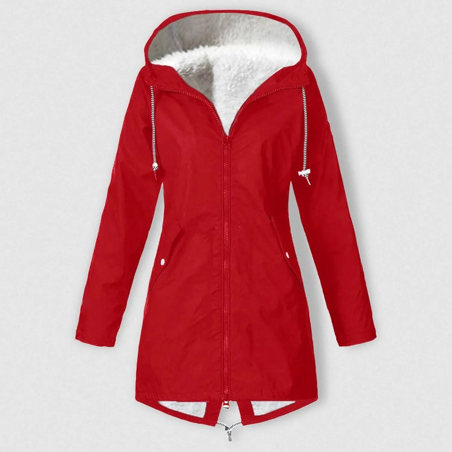 2024 Womens Fleece Trench Coat Winter Thicken Warm Hooded Windbreaker Jackets Windproof Zipper Drawstring Outdoor Raincoat