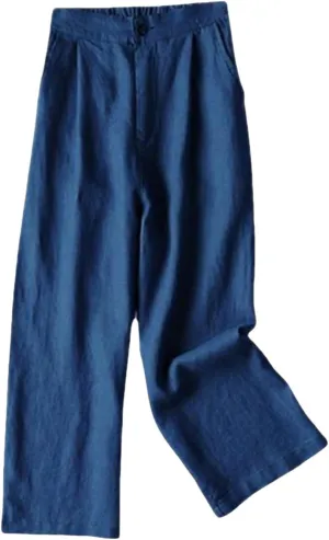 2025 Women Cotton Linen Trousers Elastic Forces Waisted Solid Color Trendy Casual Cropped Lounge Pants with Pockets