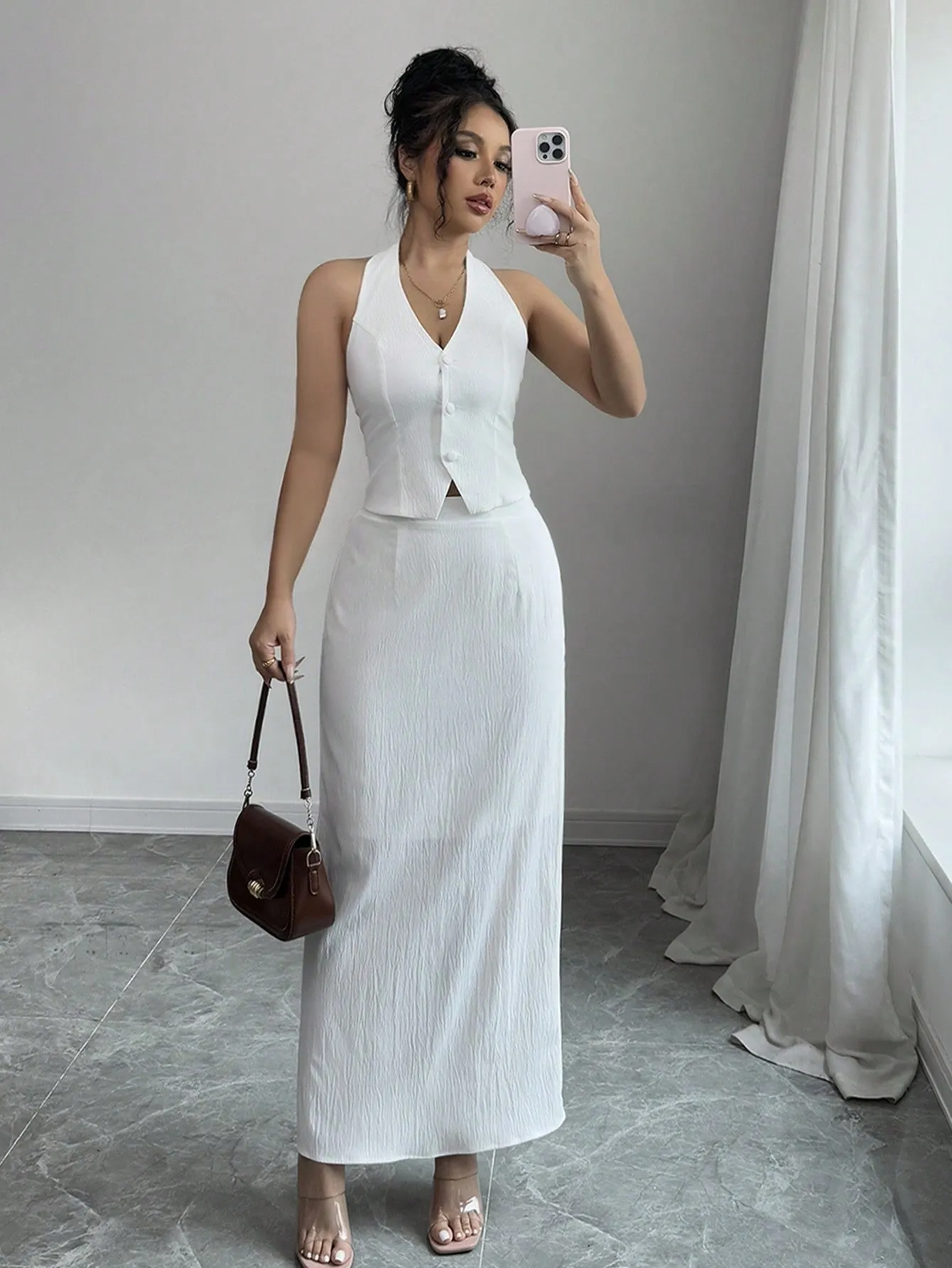 2pcs/Set Women Commuter Minimalist Solid Color Sleeveless Vest & Pencil Skirt