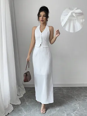 2pcs/Set Women Commuter Minimalist Solid Color Sleeveless Vest & Pencil Skirt