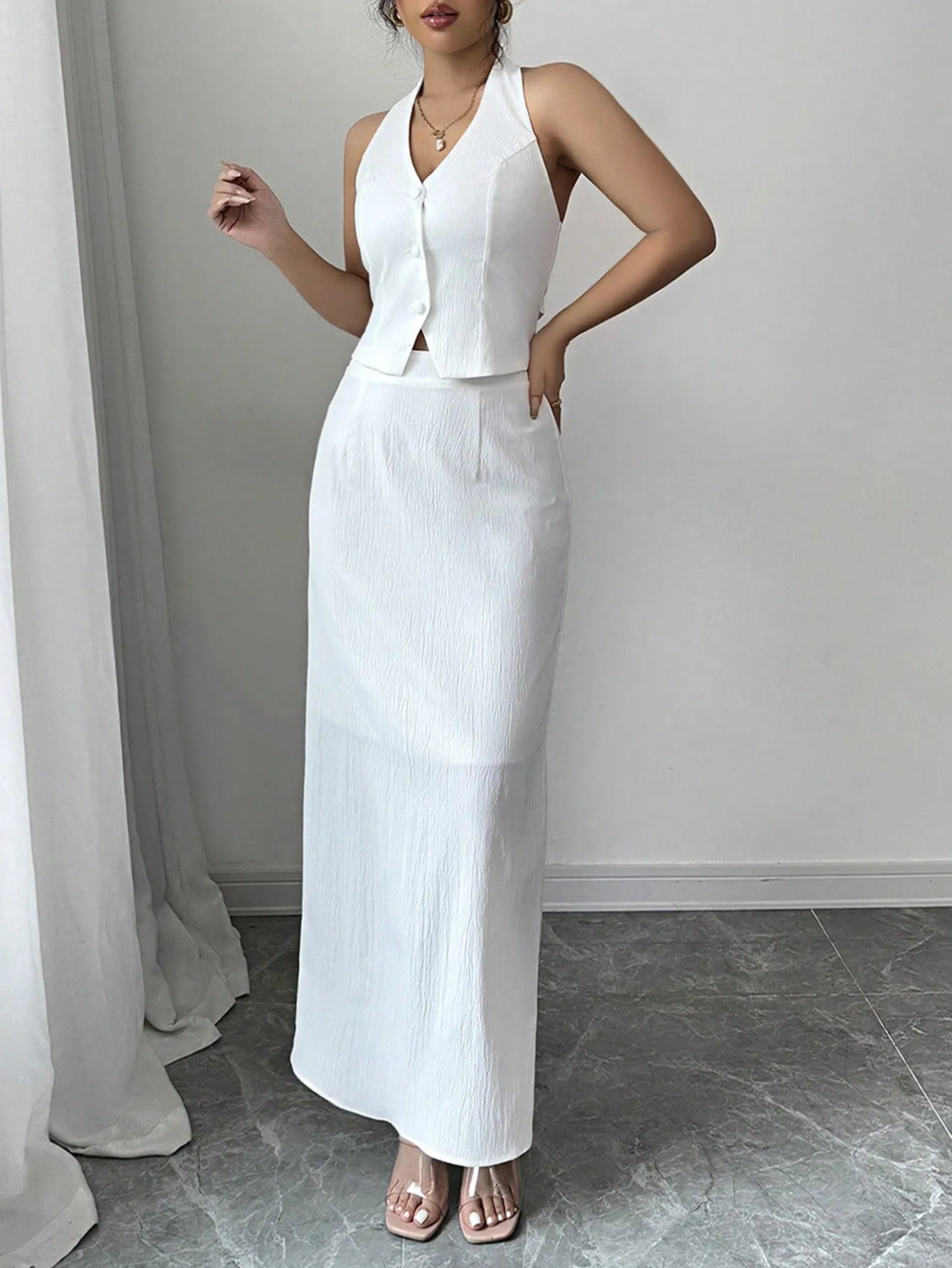 2pcs/Set Women Commuter Minimalist Solid Color Sleeveless Vest & Pencil Skirt