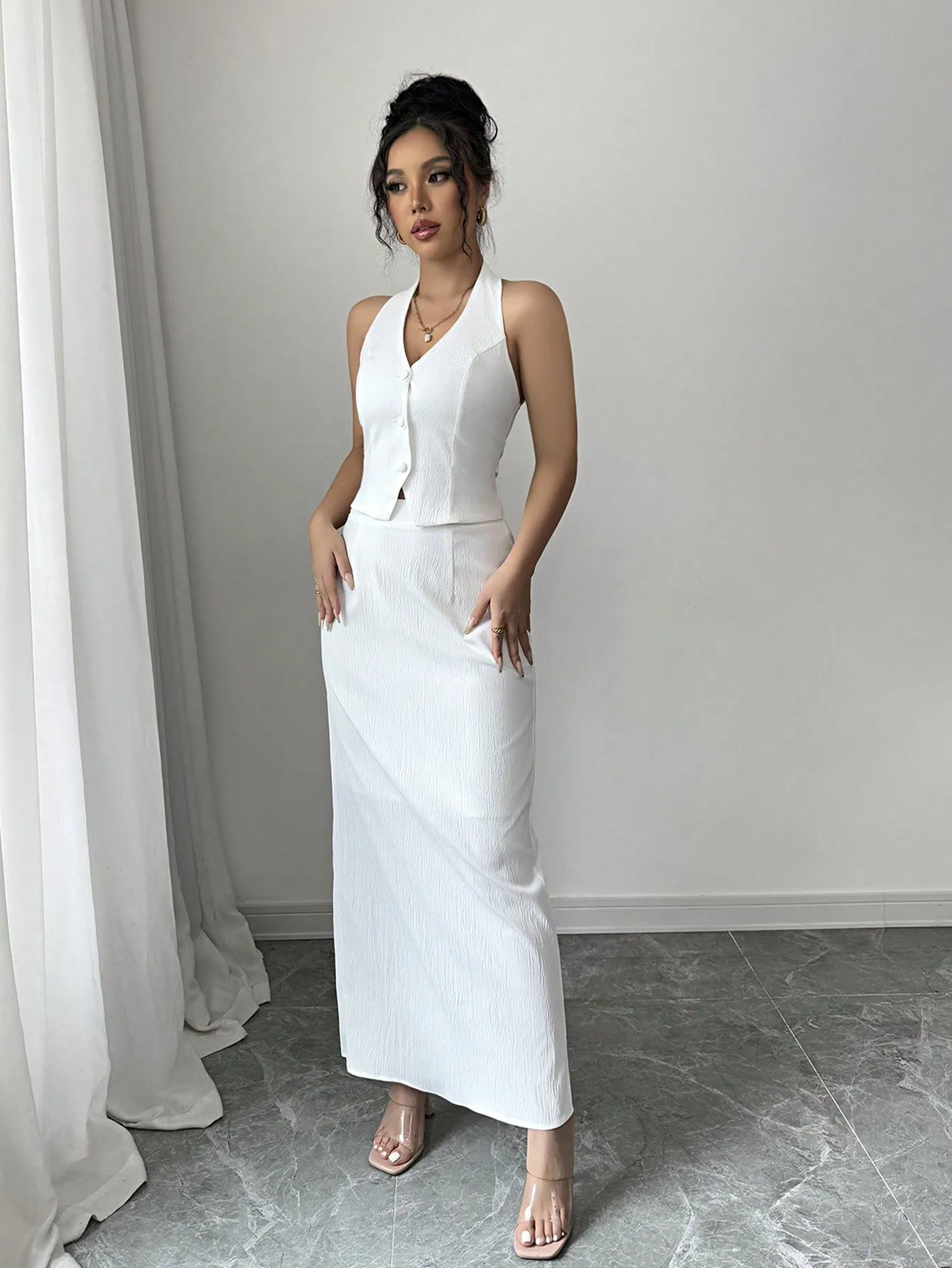 2pcs/Set Women Commuter Minimalist Solid Color Sleeveless Vest & Pencil Skirt