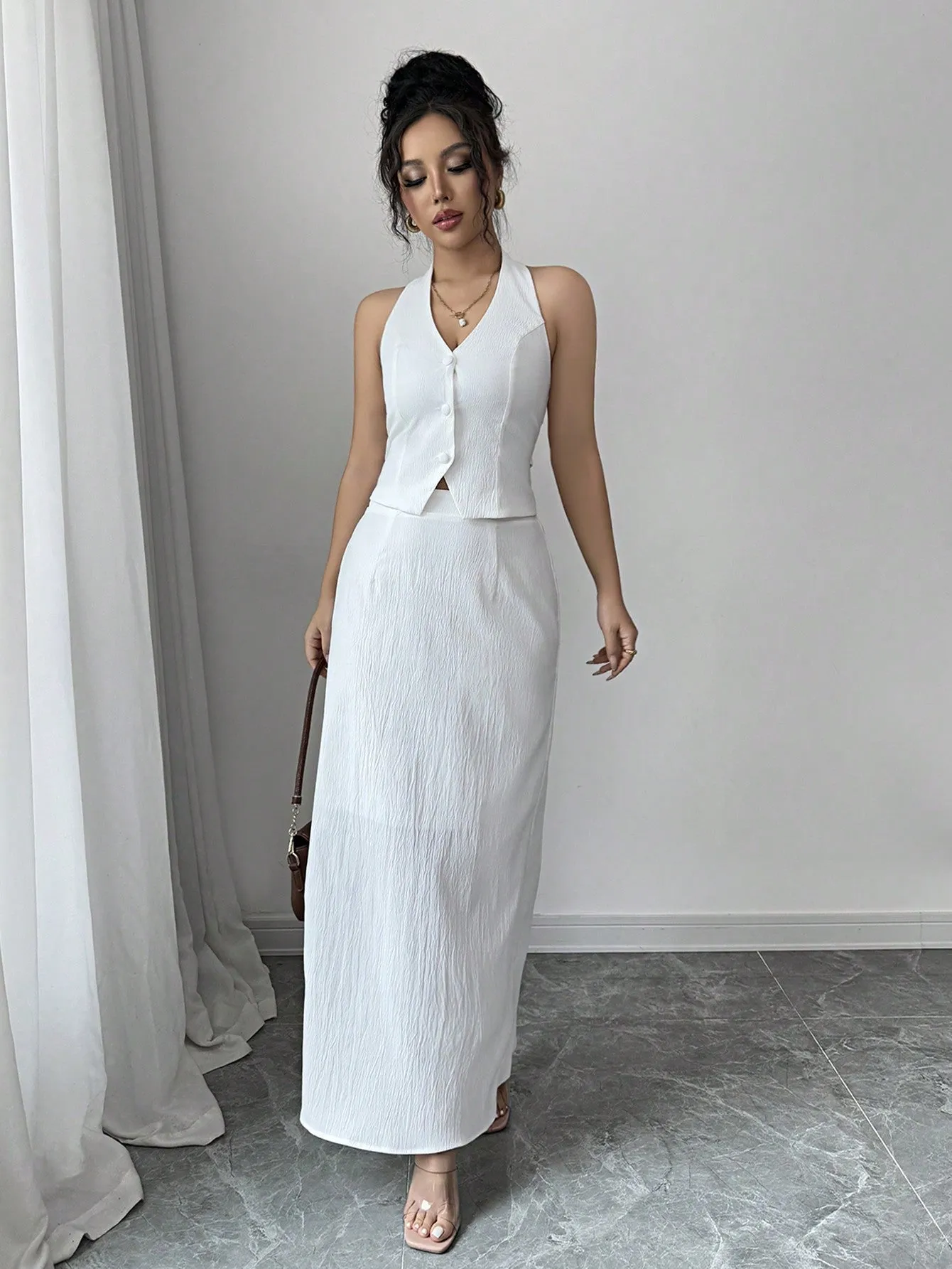 2pcs/Set Women Commuter Minimalist Solid Color Sleeveless Vest & Pencil Skirt