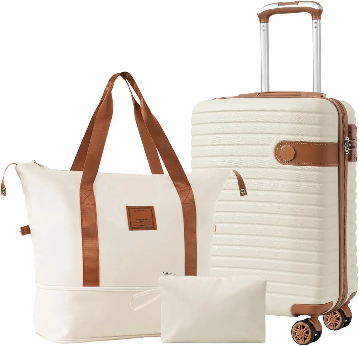 3-Piece Luggage Set, 22x14x9 Airline Approved, Lightweight Hardshell ABS Suitcases with Travel Bag & Toiletry,Beige