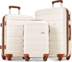 3pcs ABS Hardshell Luggage Set - Lightweight Durable Spinner Wheels, TSA Lock, Ivory & Brown (20'' 24'' 28'')