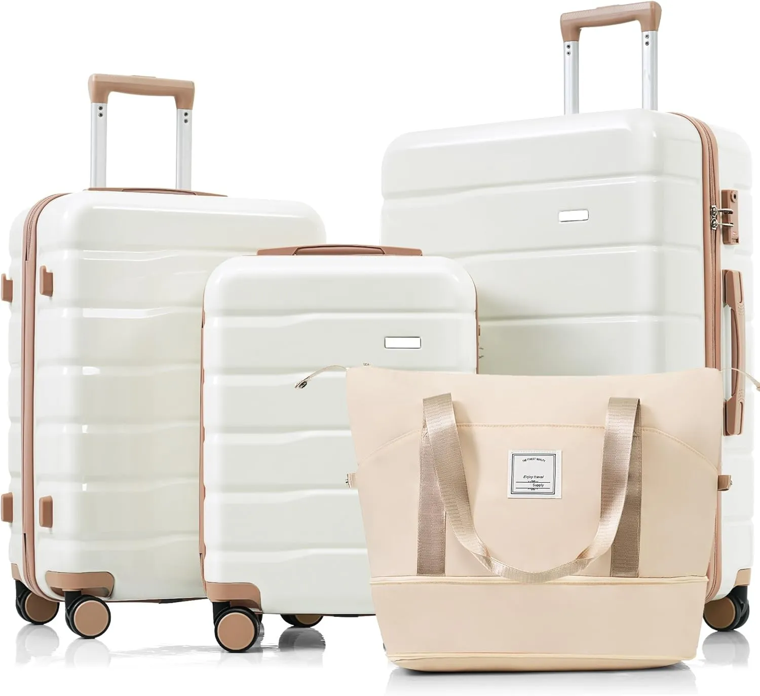 4 Piece ABS Durable Spinner Wheel Luggage Set with Travel Bag, Ivory & Gold