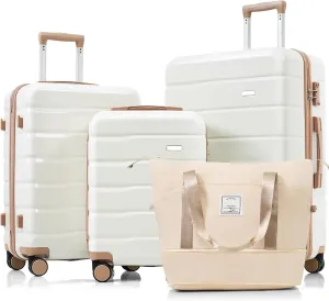 4 Piece ABS Durable Spinner Wheel Luggage Set with Travel Bag, Ivory & Gold