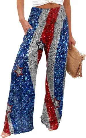 4th of July Wide Leg Pants for Women Patriotic Elastic Waist Independence Day Red White and Blue Pants with Pockets