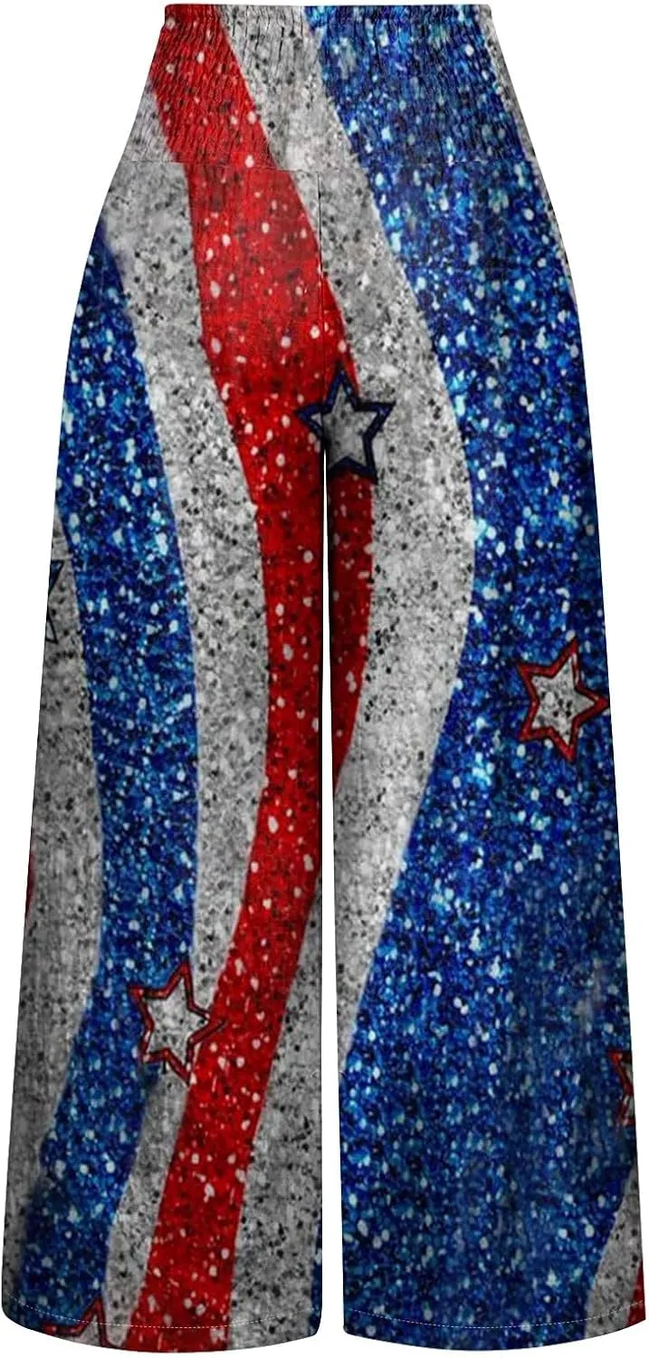 4th of July Wide Leg Pants for Women Patriotic Elastic Waist Independence Day Red White and Blue Pants with Pockets