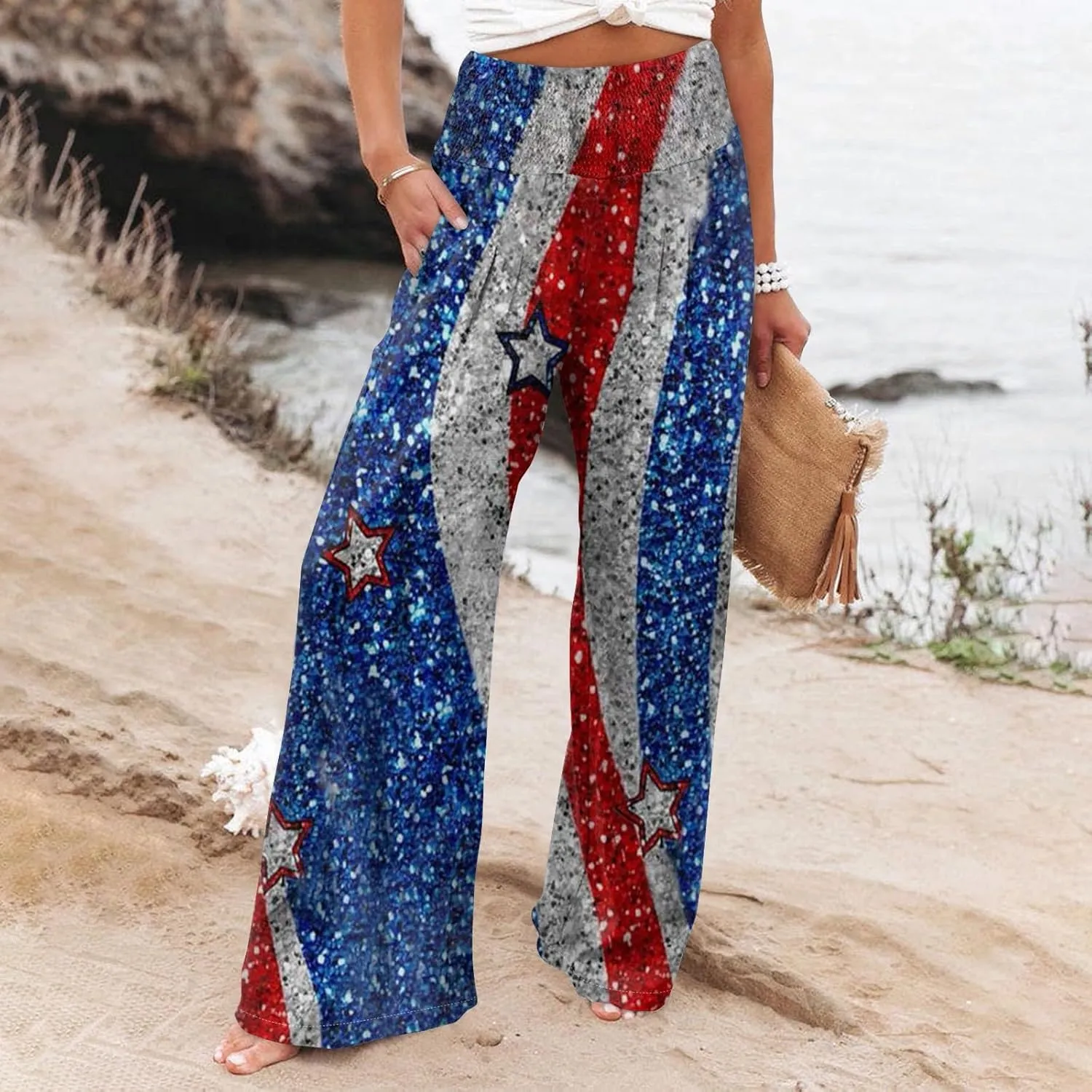 4th of July Wide Leg Pants for Women Patriotic Elastic Waist Independence Day Red White and Blue Pants with Pockets