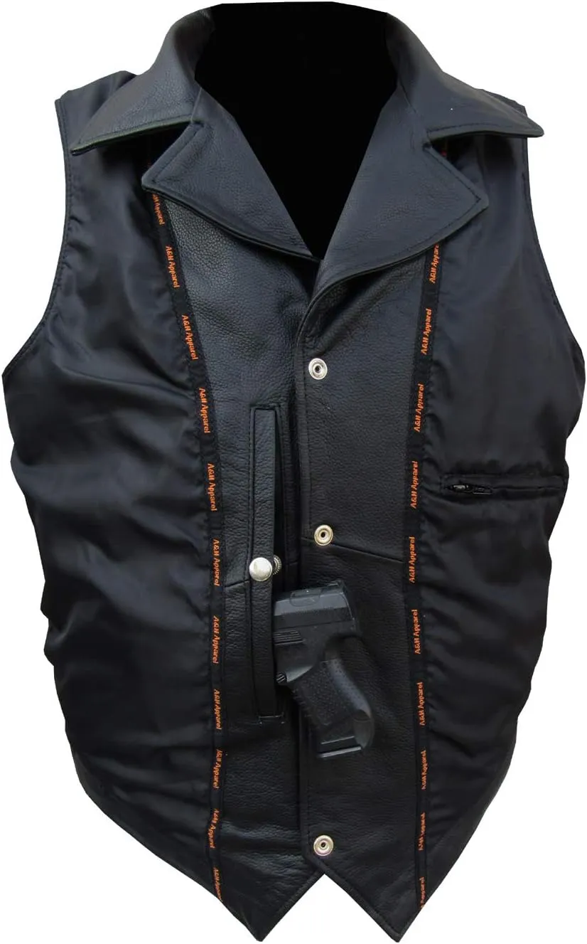 A&H Apparel Men's Classic Cowhide Leather Biker Vest - Concealed Carry Durable Design