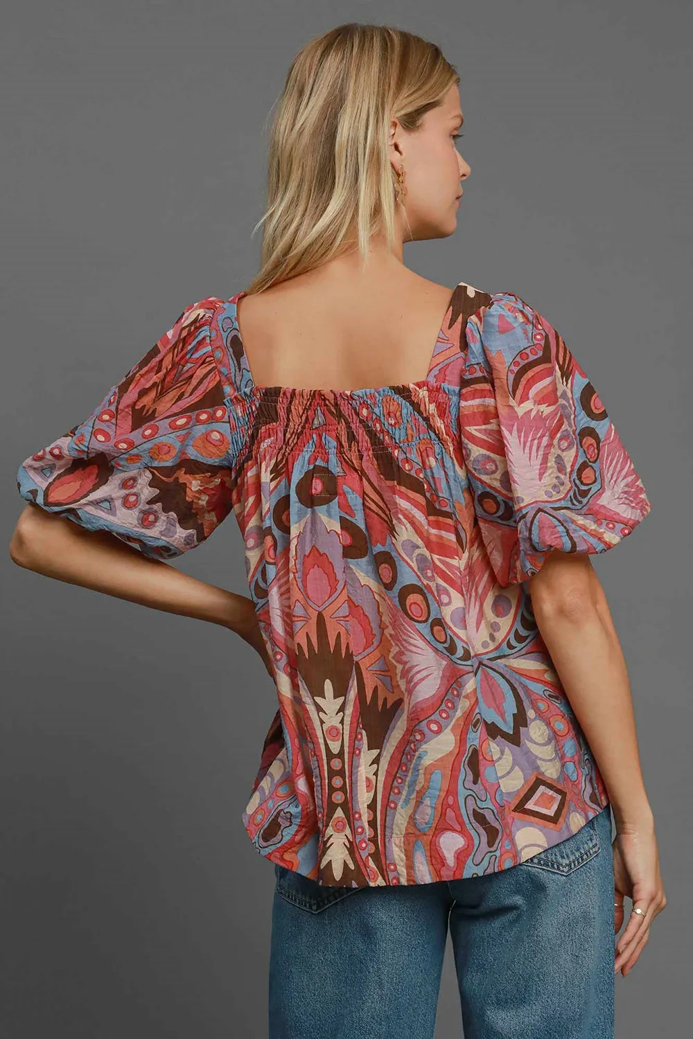 Abstract Print Smocked Square Neck Puff Sleeve Blouse