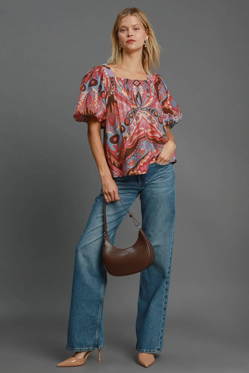 Abstract Print Smocked Square Neck Puff Sleeve Blouse