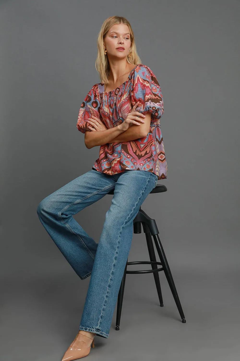 Abstract Print Smocked Square Neck Puff Sleeve Blouse