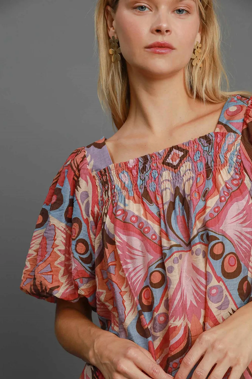 Abstract Print Smocked Square Neck Puff Sleeve Blouse